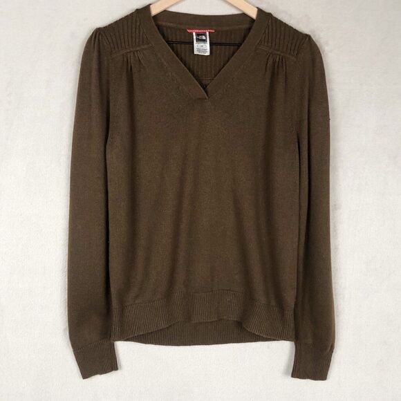 THE NORTH FACE Wool Cotton Sweater Women's Large L‎ Brown Long Sleeve V-Neck - Picture 1 of 11